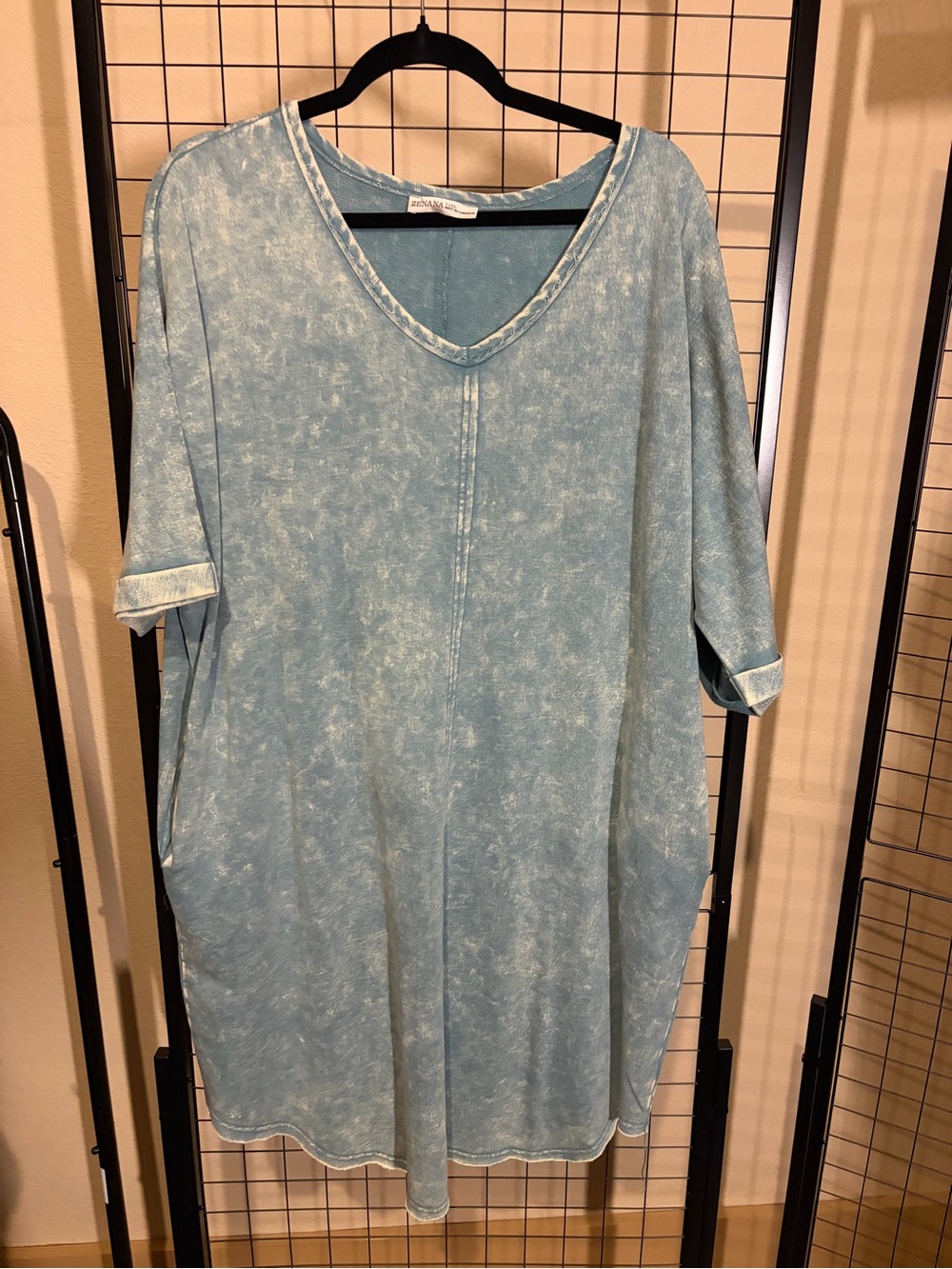 Light Blue Mineral Wash V-Neck Tunic Dress